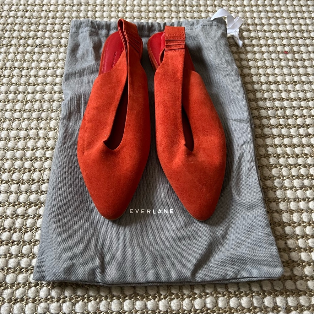 Brand new Everlane persimmon suede pointed-toe slingback flats